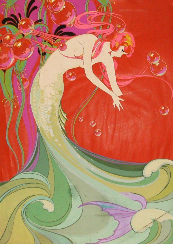 a painting of a mermaid with bubbles and flowers on it's head, in front of a red background