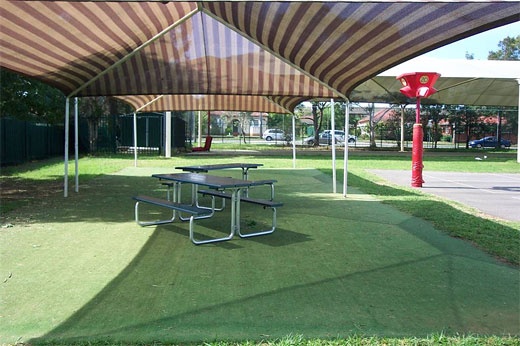 several picnic tables under an awning in a park with green grass and red fire hydrant