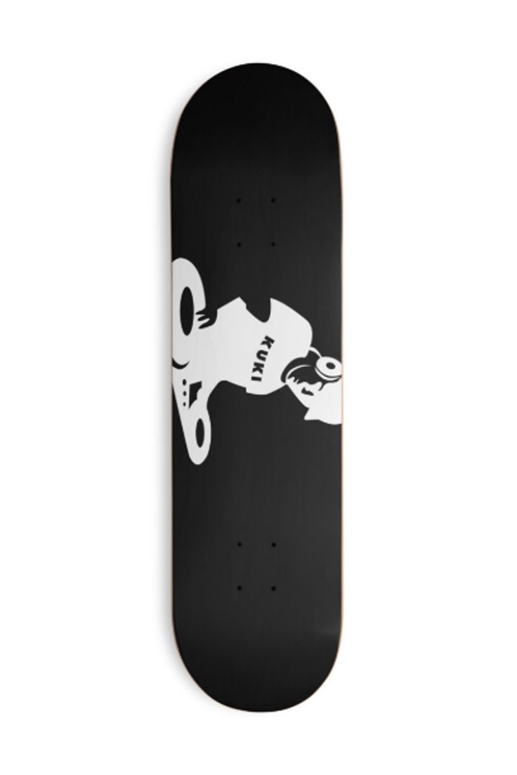 a black skateboard with white graphics on it