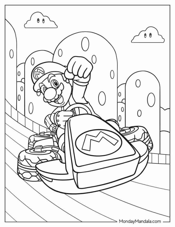 mario kart coloring pages for kids to print and color with the mario kart character