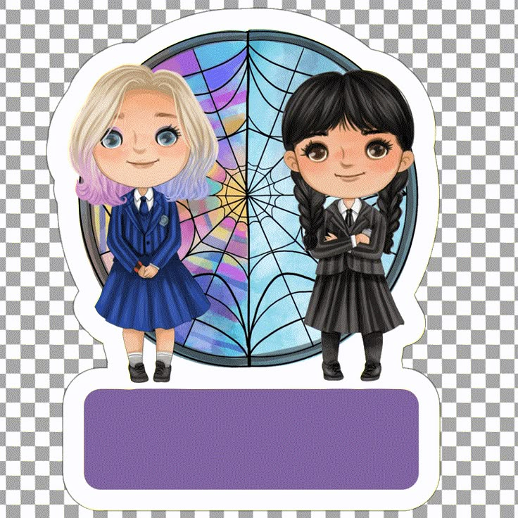 two cartoon girls standing next to each other in front of a stained glass window with the name