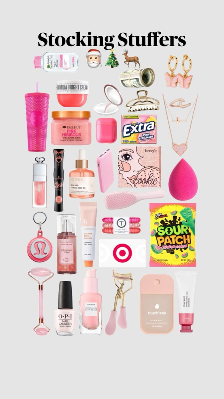 the contents of a woman's purse are shown in pink and white, including perfumes