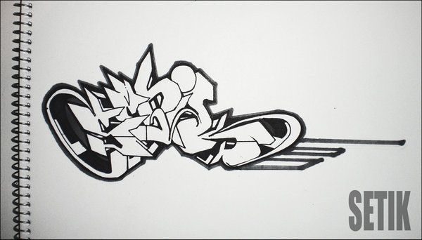 a drawing of a pair of scissors with graffiti on it's side and the words steik written in black ink