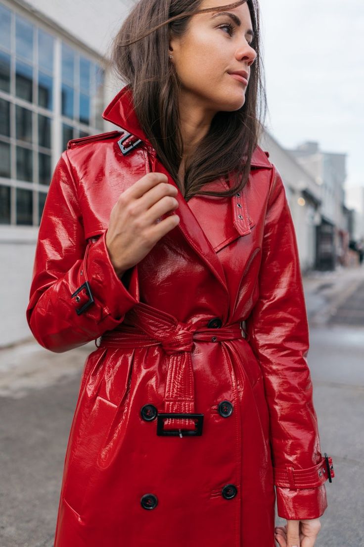 Patent Trench Coats, Vinyl Jacket, Raincoat Fashion, Rain Fashion, Red Raincoat, Raincoat Outfit, Vinyl Fashion, Rainwear Fashion, Vinyl Raincoat