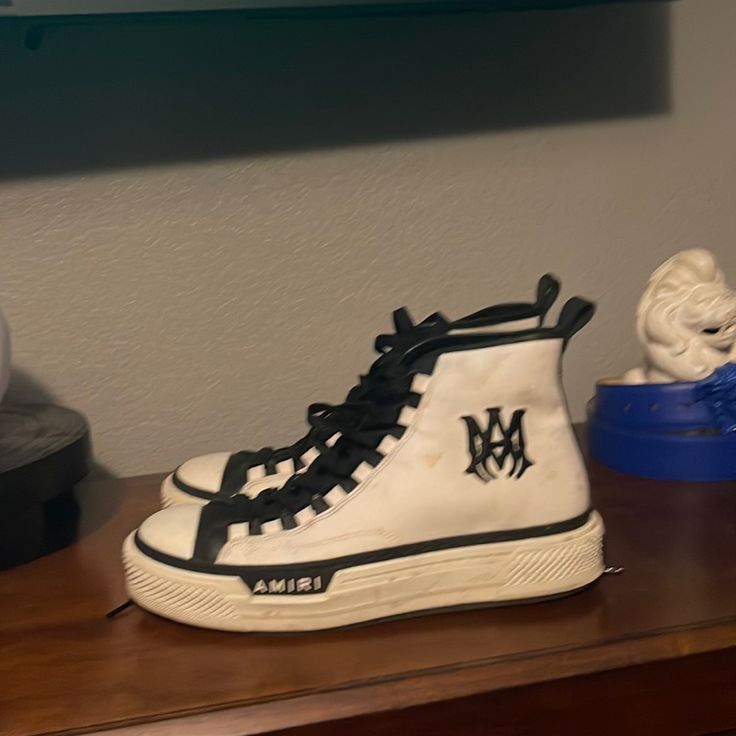 Amiri High Tops Black/ White. (Bought For 700 Brand New) (Selling For 350 Worn Lightly) Size 42 Eu Which Is About 10-11 In Us Sizing. Taking All Offers. Message If Interested! Designer High-top Sneakers With Embroidered Logo For Streetwear, White High-top Sneakers With Letter Print For Streetwear, White Letter Print High-top Sneakers For Streetwear, Amiri Shoes, Black High Tops, Tops Black, Sneaker Collection, Mens Shoes Sneakers, High Tops