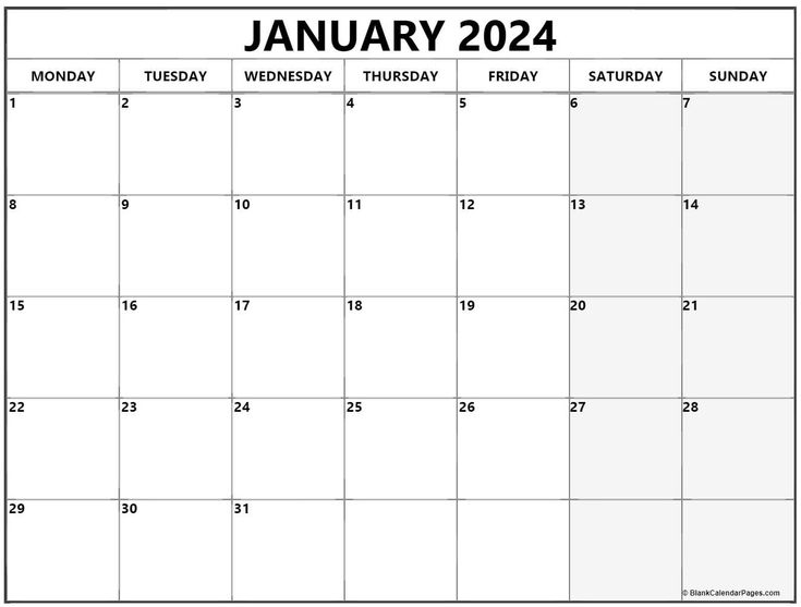 January 2024 Monday Calendar | Monday to Sunday in 2024 | Free ...