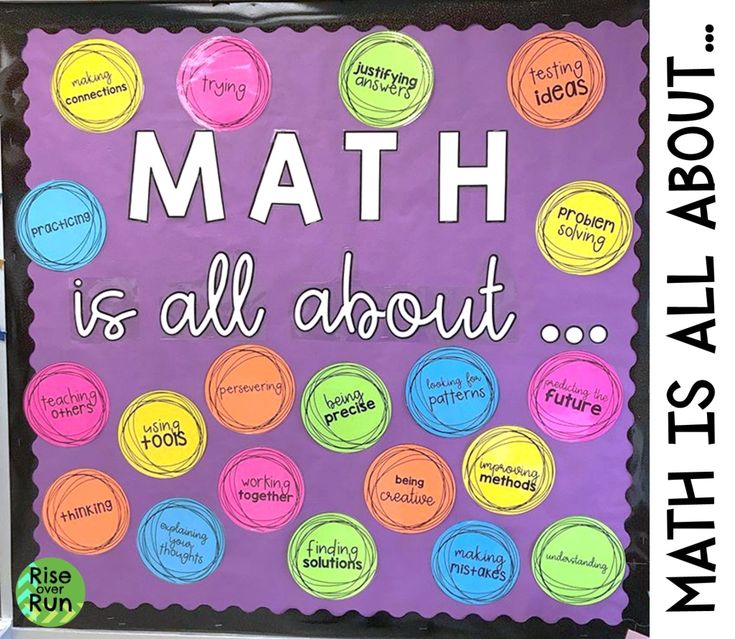 a bulletin board that says math is all about with lots of colorful circles on it