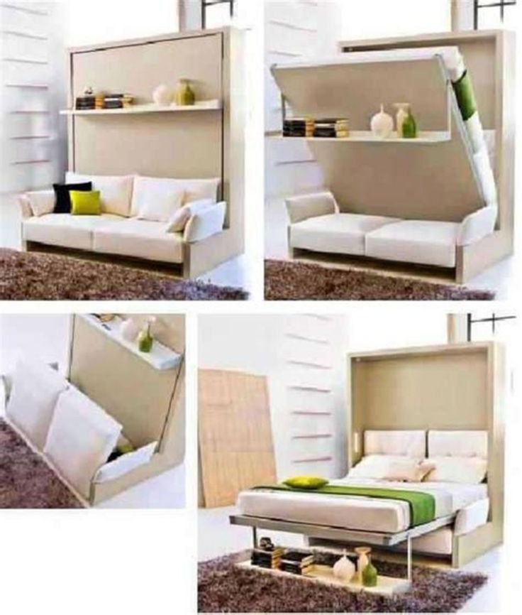 four different views of a bed that is in the shape of a bookcase and couch