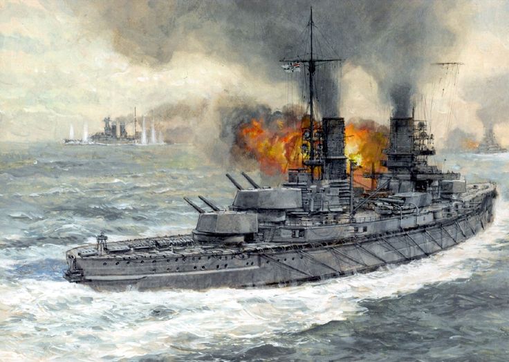 a painting of a battleship in the water