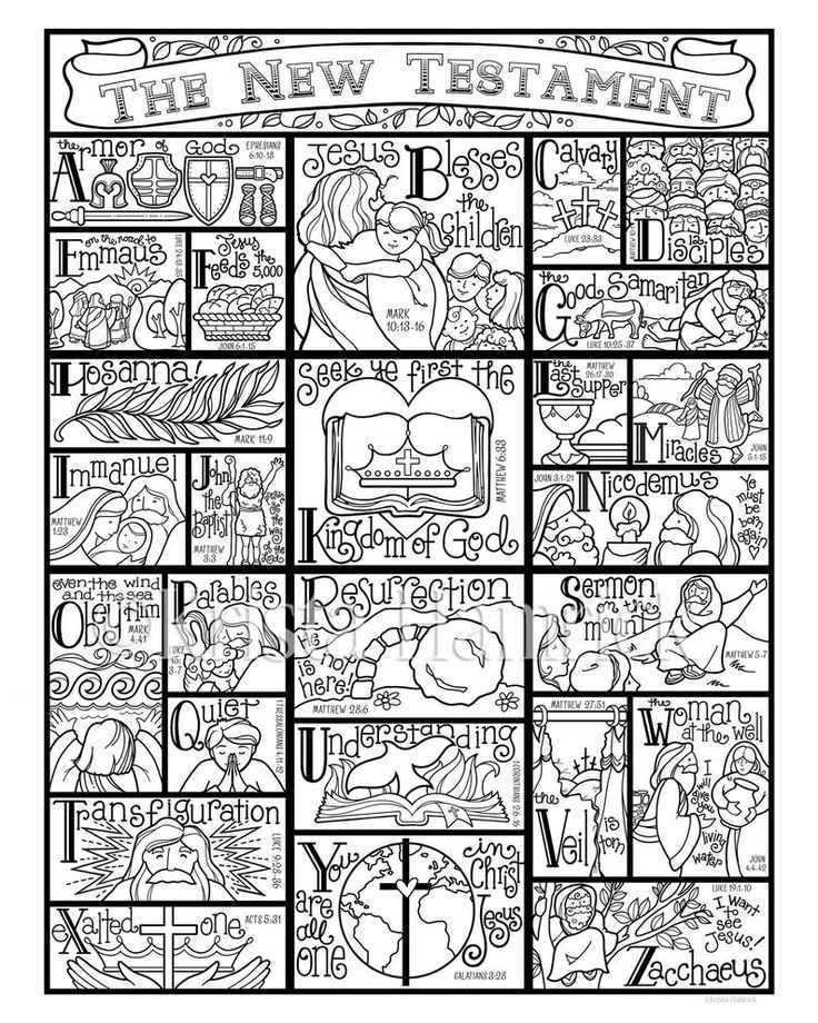 the new testament coloring page with pictures and words on it, in black and white