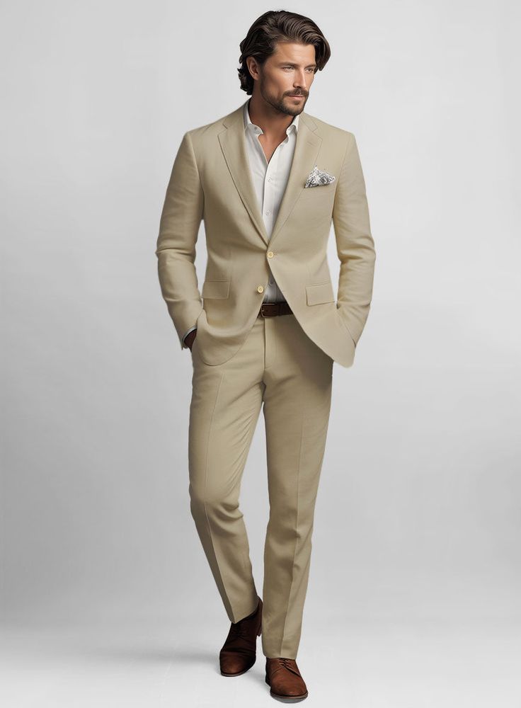 To look your smartest even on those hot days, all you need is to invest in our Sand Feather Cotton Canvas Stretch Suit. Crafted from cotton and lycra blend, the suit can be worn whenever you are ready to kick your stylish charm up a notch with great enthusiasm. Wear it at a wedding party or any special occasion.  Look Includes   Sand Feather Cotton Canvas Stretch Fabric  Two Button Jacket Style  Notch Lapel  Corozo Beige Buttons  Single Vent  Three Cuff Buttons  Two Welted Back Pockets on Trouse Fitted Business Suits For Summer, Luxury Fitted Suits For Spring, Classic Fitted Summer Suit, Classic Summer Sets With Notch Lapel, Classic Slim Fit Summer Blazer, Classic Summer Slim Fit Blazer, Summer Business Fitted Blazer, Tailored Summer Suits For Business Casual, Tailored Beige Sets For Business Casual