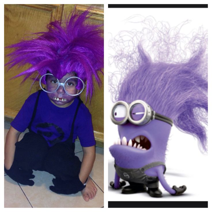 two pictures one with purple hair and the other has an evil minion