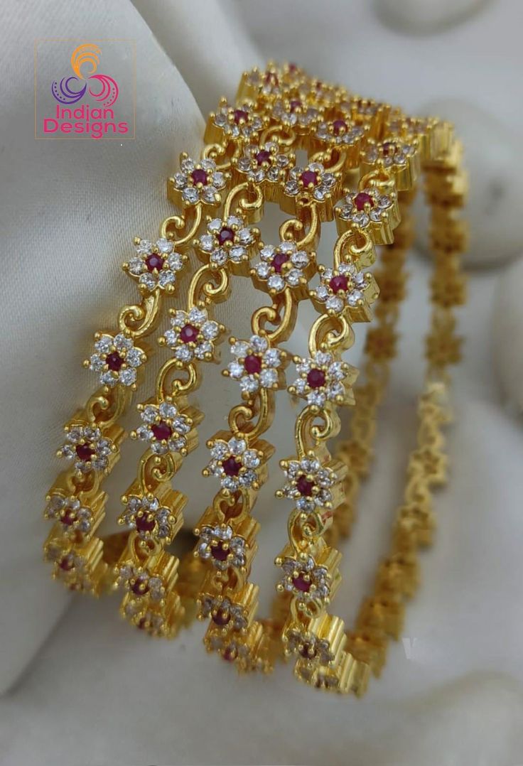 Gold Plated AD Bangles set with Ruby and white Stones| Flower design statement bangles - Set of 4PCS| Indian Jewelry Bracelet| Gift for her Statement Bangles, Ad Bangles, Designer Bangles, Ruby Bangles, Gold Jewellry, American Diamond Necklaces, Oxidized Necklace, Bangles Set, Cubic Zirconia Bracelet