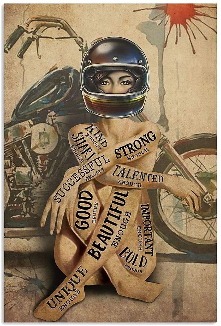 a painting of a person with a motorcycle helmet on and words written all over it