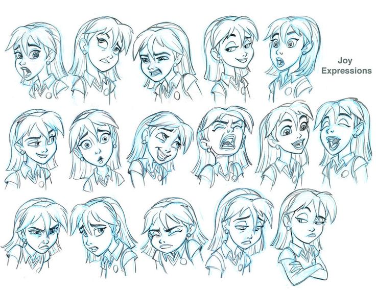 various expressions for an animation character's face and head, with the expression being drawn in