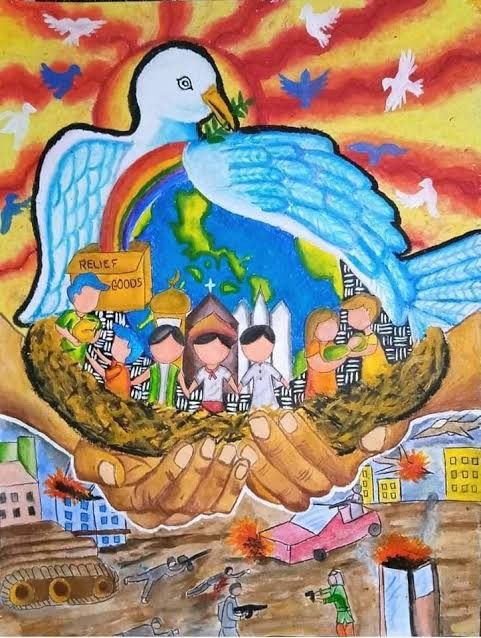 a drawing of two hands holding a peace sign with people around it and the earth in the background