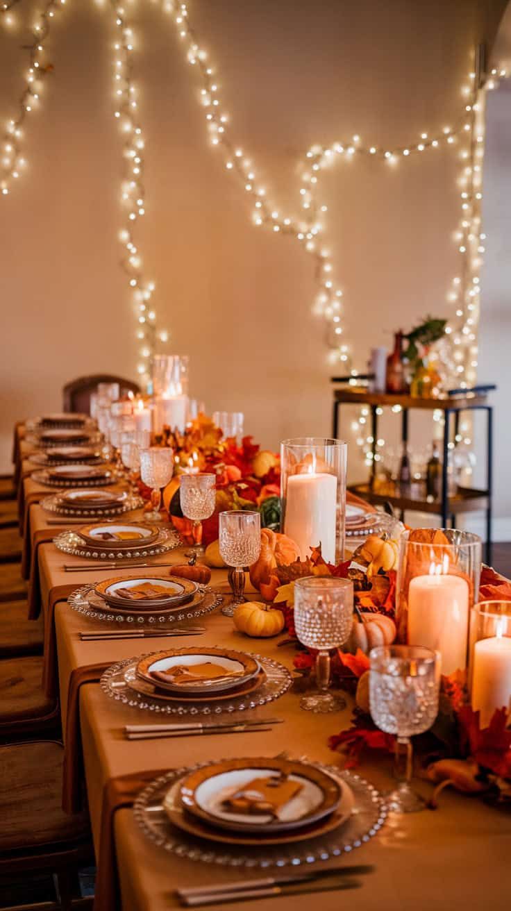 a long table is set with candles, plates and pumpkins for an elegant thanksgiving dinner