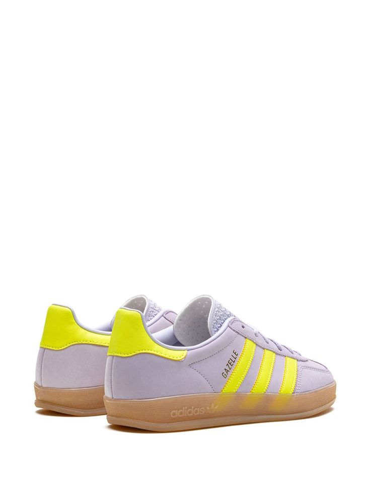 "Find ADIDAS Gazelle Indoor \"\"silver Dawn\"\" Sneakers on Editorialist. lilac purple/yellow calf leather/nubuck leather logo stamp at side signature 3-Stripes logo contrasting heel counter round toe front lace-up fastening logo-print tongue branded insole gum-rubber sole These styles are supplied by a premium and authenticated sneaker marketplace. Stocking only the most sought-after footwear, they source and curate some of the most hard to find sneakers from around the world." Lavender Sporty Sneakers With Rubber Sole, Sporty Lavender Sneakers With Rubber Sole, Purple Leather Sneakers With Gum Sole, Adidas Purple Leather Sneakers, Adidas Yellow Leather Sneakers, Purple Leather Adidas Sneakers, Yellow Leather Adidas Sneakers, Adidas Gazelle Indoor, Lilac Purple