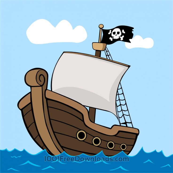 a cartoon pirate ship sailing in the ocean with a skull on it's mast