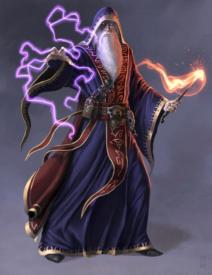 an image of a wizard holding a magic wand and wearing purple robes with flames in his hands