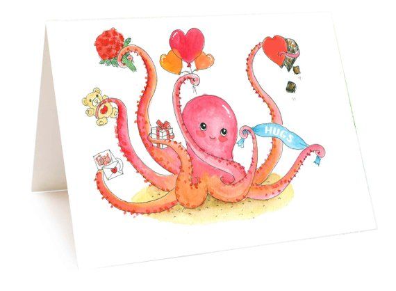 an octopus holding a heart shaped balloon with flowers and hearts attached to it's tail