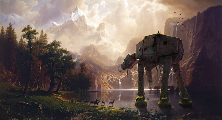 a painting of a star wars at - at standing in the middle of a lake