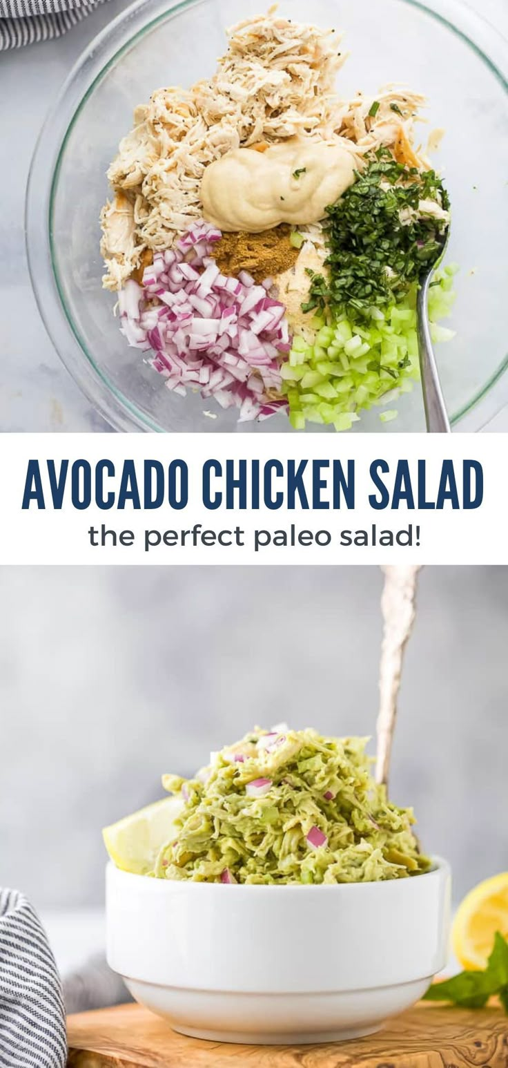 avocado chicken salad in a glass bowl with the title above it