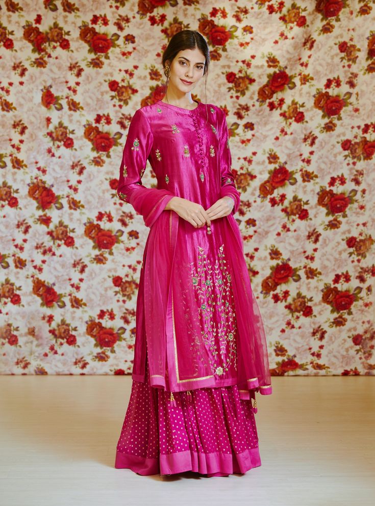 Shyam Narayan Prasad-Pink Embroidered Kurta With Skirt-INDIASPOPUP.COM Pink Palazzo Set With Dori Work, Transitional Anarkali Style Pink Sharara, Silk Palazzo Set With Resham Embroidery In Pink, Bollywood Style Pink Palazzo Set With Pallu, Pink Silk Palazzo Set With Resham Embroidery, Pink Silk Palazzo Set With Straight Kurta, Pink Designer Wear Palazzo Set For Transitional Season, Designer Wear Transitional Pink Palazzo Set, Pink Straight Tissue Silk Kurta