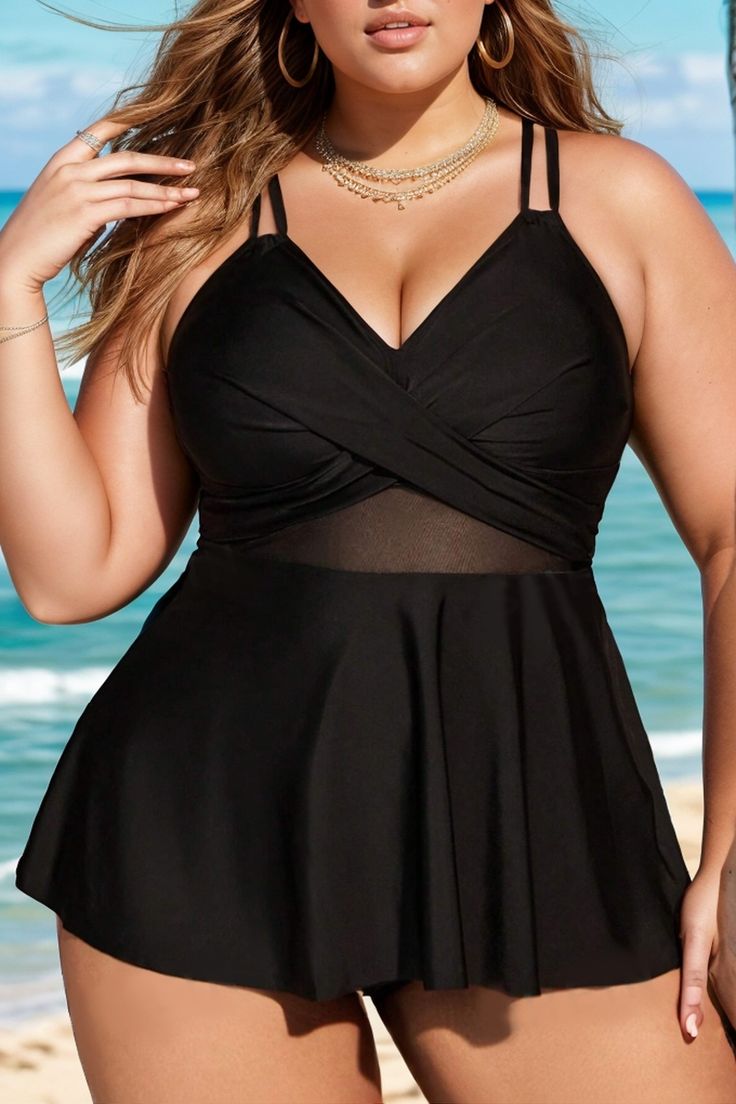 Plus Size Beach Mesh One Piece Swimsuit Beachy Sleeveless Swimwear With Built-in Bra, Solid Color Sleeveless Tankini For The Beach, Solid Sleeveless Beachy Tankini, Beachy Sleeveless Solid Tankini, Solid Sleeveless Tankini For Vacation, Sleeveless Swim Dress With Lined Body For Beach Party, One-piece Beachwear Top For Poolside, Solid Color Triangle Top Tankini For Vacation, Solid Triangle Top Tankini For Vacation