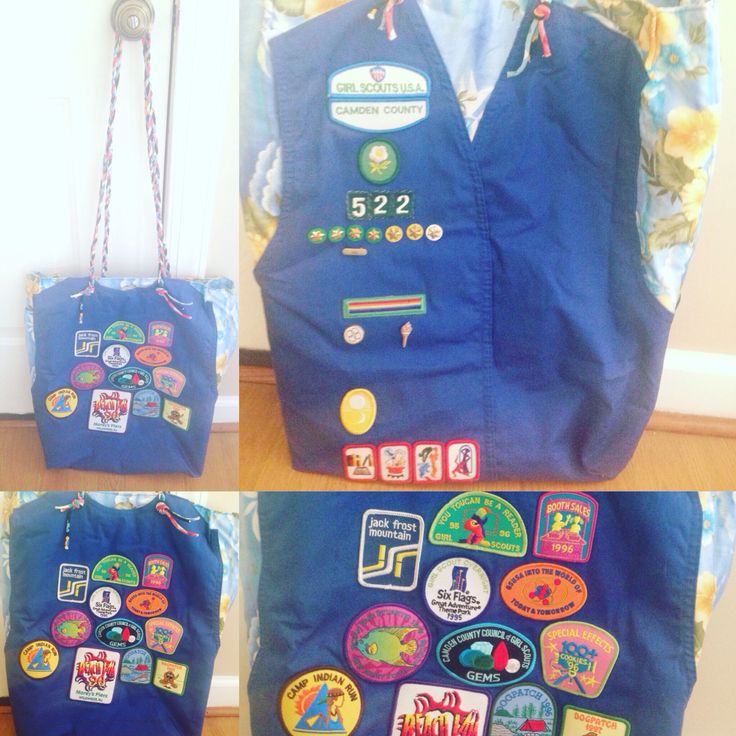 two pictures of a blue vest with patches on the front, and an image of badges on the back