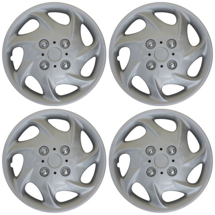 four grey hubs on the side of a white car wheel cover with holes in it