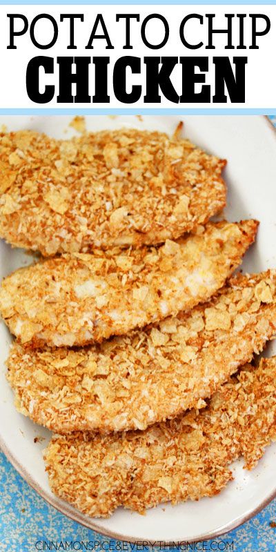 some fried chicken on a white plate with the words potato chip chicken written in black