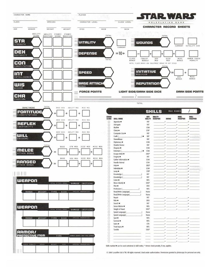 the star wars character sheet is shown in black and white, with text on it