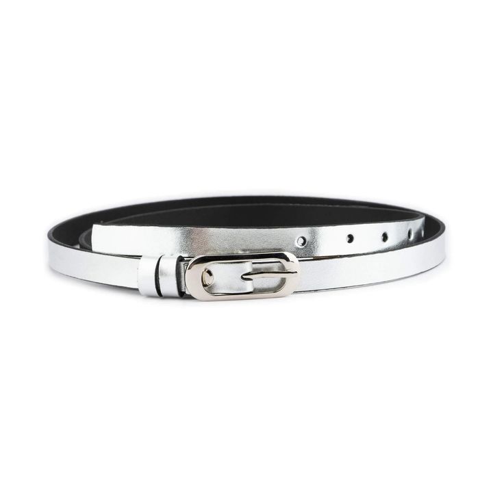 Elevate your dress attire with our Skinny Women's Silver Belt, a chic and elegant accessory designed to complement any outfit. Crafted from genuine leather, this belt offers both durability and a luxurious feel. Measuring 5/8" (1.5 cm) in width, it provides a sleek and refined look, perfect for accentuating your waist in dresses and other formal wear. The stunning silver color adds a touch of modern sophistication, making it a versatile piece that can easily transition from day to night. Whether Diesel Belt Silver, Modern Silver Belt With Buckle Closure, Leather Party Belts With Buckle Closure, Leather Belts With Buckle Closure For Party, Leather Belt With Buckle Closure For Parties, Elegant Formal Belt With Buckle Closure, Formal Adjustable Belts With Buckle Closure, Elegant Adjustable Belts With Buckle Closure, Adjustable Formal Belt With Buckle Closure