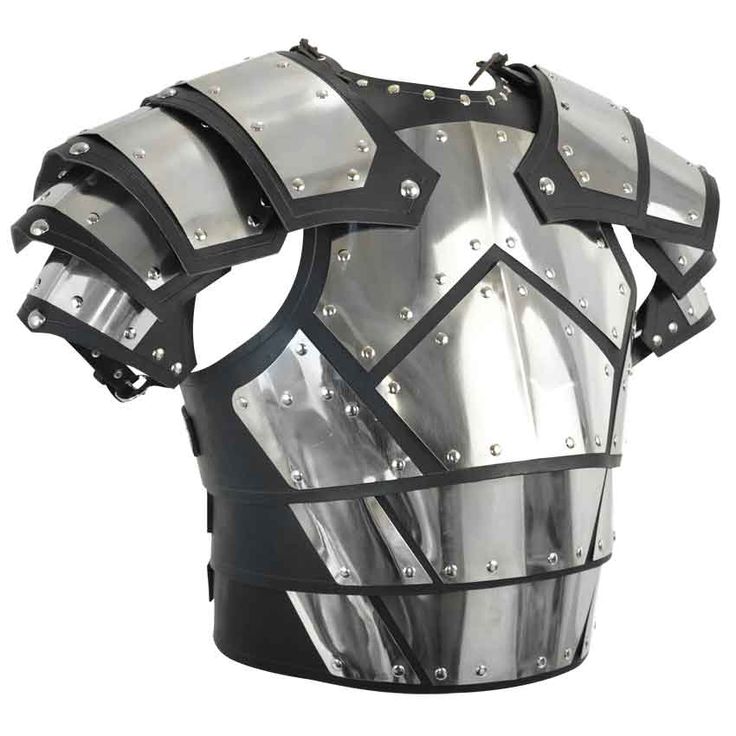 the armor worn on top of a mannequin's torso is shown in black and silver