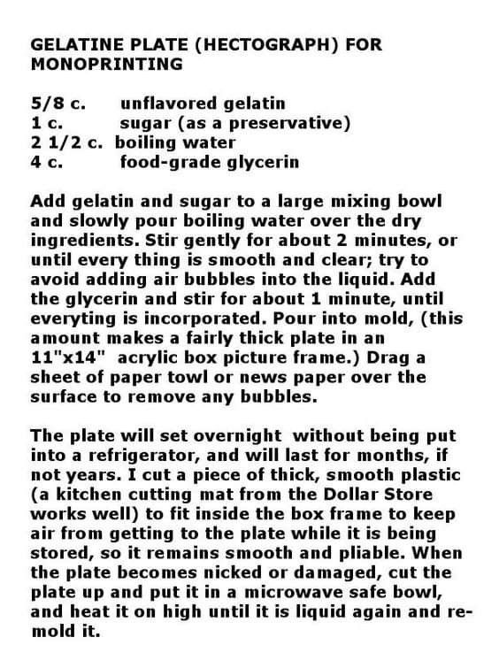 an old recipe for gelatine plate electrograph for monoprinting