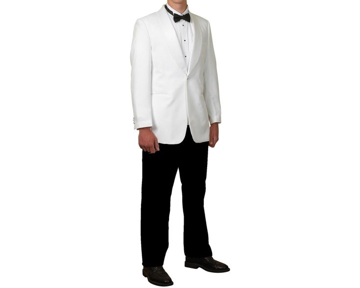 Men's White Lapel Dinner Jacket is classy and loaded with great features. The jacket has flap pockets placed on the front, a center vent with a one button shawl closure and one button can be found on each sleeve cuff.      The white dinner jacket is the perfect option for a summer evening out! Pair your white jakcet with a black pair of trousers.     Men's White Lapel Single Button Dinner Jacket is crafted from 100% polyester. Semi-formal Tuxedo Outerwear With Pockets, Elegant Wedding Outerwear With Pockets, Classic Tailored Tuxedo With Pockets, Classic Formal Tuxedo With Pockets, Classic Formal Sport Coat With Pockets, Elegant Blazer With Pockets For Groom's Wedding Attire, Classic Wedding Outerwear With Pockets, Long Sleeve Sport Coat With Hidden Button For Wedding, Classic Long Sleeve Tuxedo With Pockets