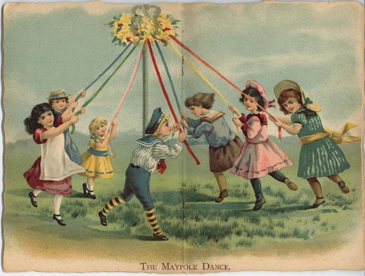 an old postcard shows children playing with the maypole dance