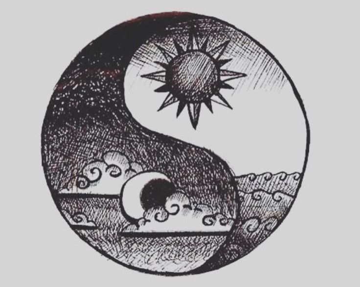 an image of the sun and moon on top of a yin - yang symbol in black ink