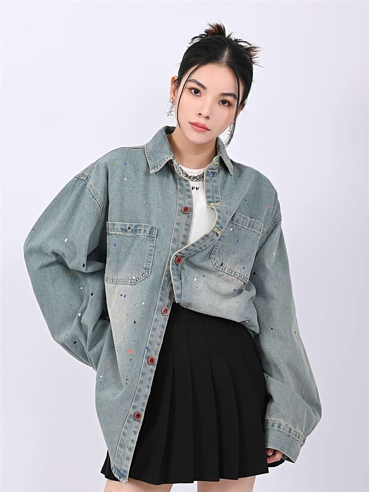 Show off your unique style with this Paint Splatter Oversized Denim Jacket. Perfect for any casual occasion, this fun and creative jacket is sure to bring out your inner fashionista. Crafted with a lightweight and comfortable fit, you'll have no problem flaunting it over any top, or even wearing it alone. The oversized cut makes it easy to pair with shorts or skirts, while the paint splatters add just the right amount of pizzazz. Don't hesitate to add this denim jacket to your wardrobe today!
Ge Oversized Denim Shirt, Paint Splatters, Shirt Y2k, Oversized Denim Jacket, Urban Wear, Paint Splatter, No Problem, Denim Shirt, Unique Style