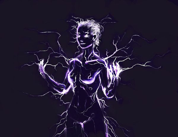 a woman with purple hair and lightning in her hands