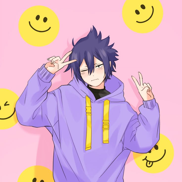 an anime character wearing a purple hoodie with emoticions surrounding him and making the peace sign