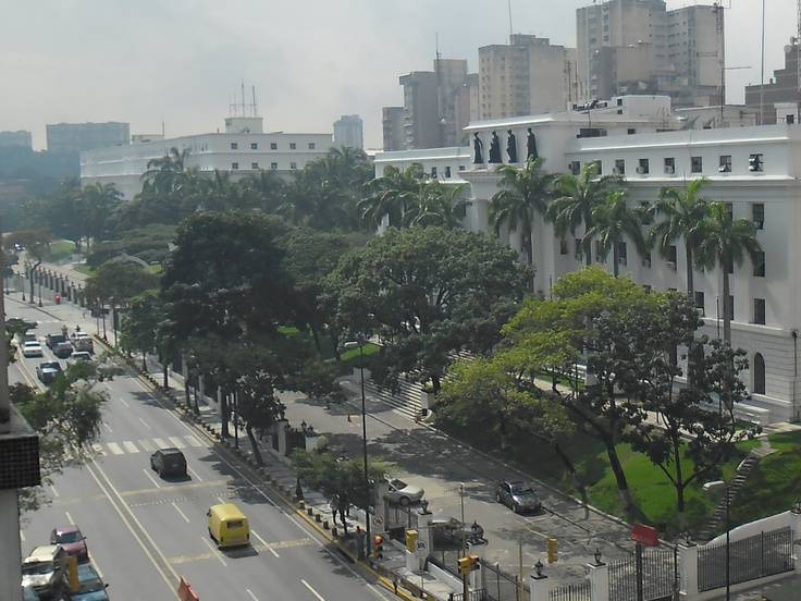 an aerial view of a city street with palm trees in the foreground and buildings in the background