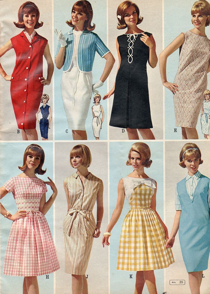 Great Summer Values 1965 fashion style sheath shift full skirt dress red blue white black pink yellow tan 60s vintage color photo catalogue models 1965 Fashion, 1950s Aesthetic, 1970s Aesthetic, Fashion 60s, 60’s Fashion, 60s Aesthetic, 1960 Fashion, Fashion 1970s, 60s 70s Fashion