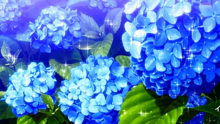 blue flowers with green leaves and sparkles in the background