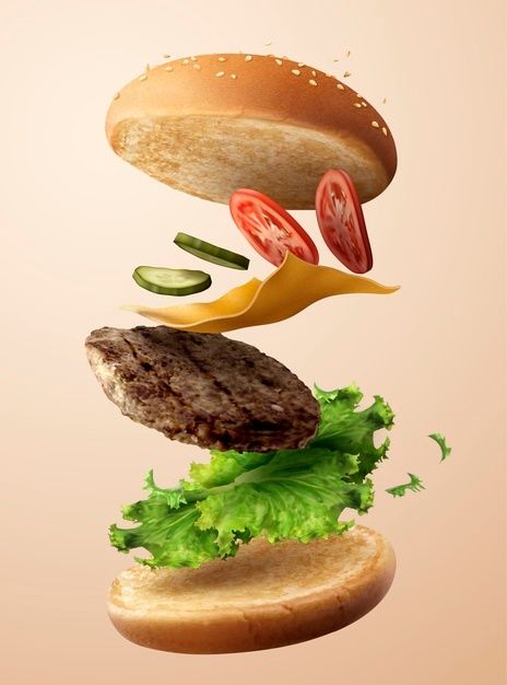 Premium Vector | Delicious hamburger flying in the air in 3d ...