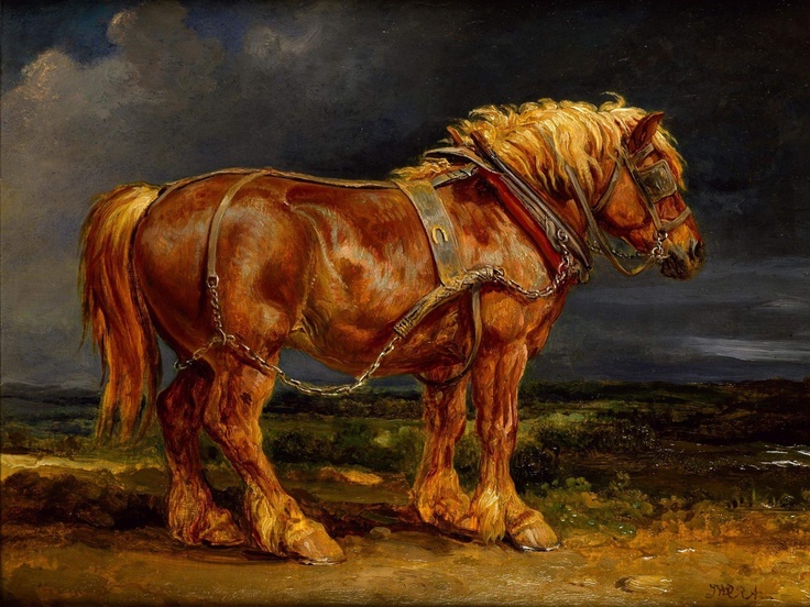 a painting of a brown horse standing on top of a field