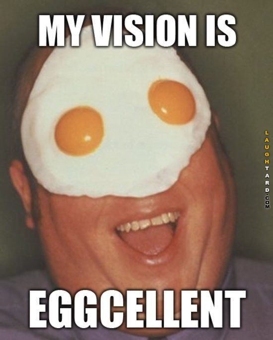 a man with two eggs on his face and the caption says, my vision is eggcelent