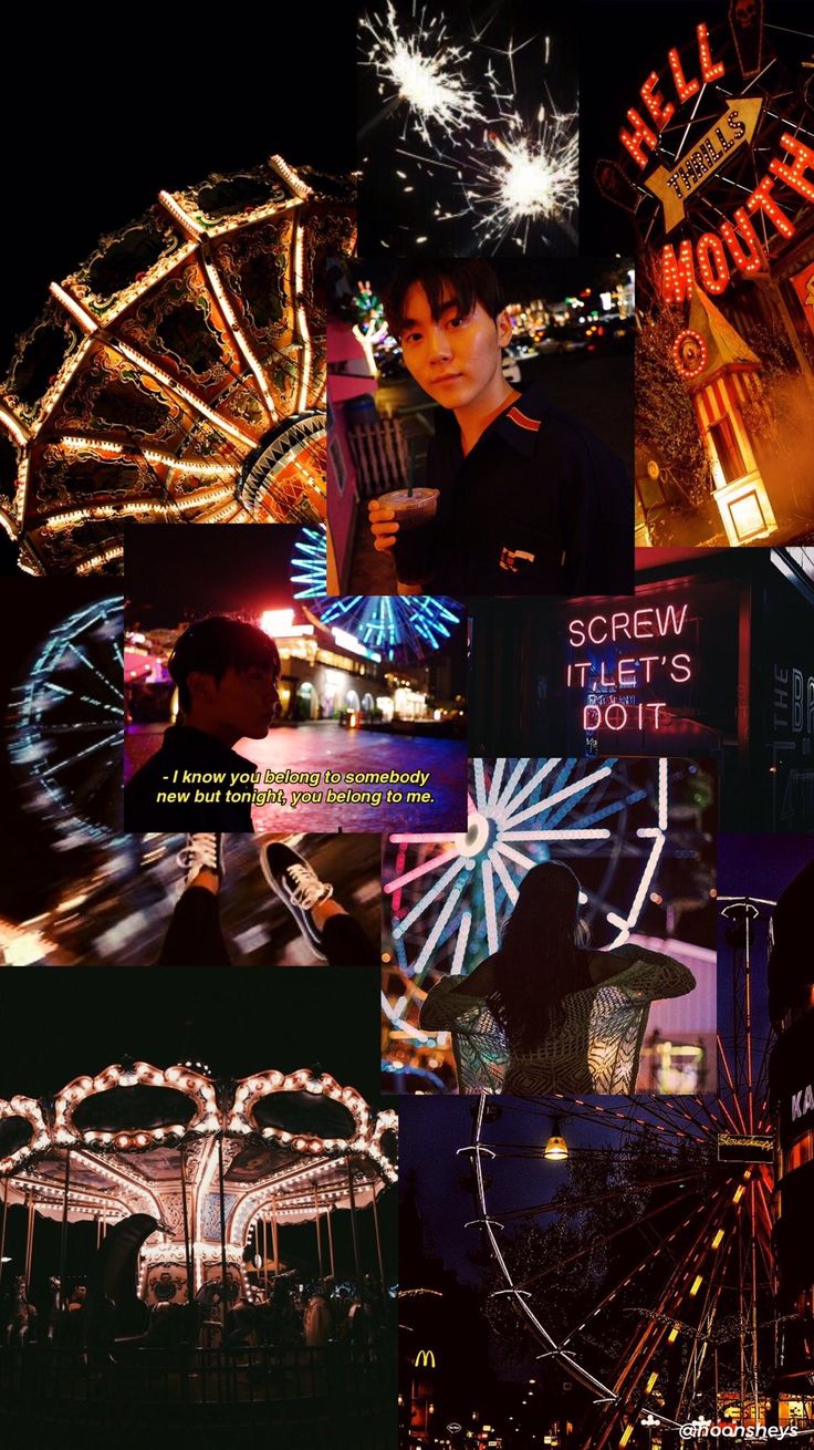 the collage shows many different types of lights and ferris wheel at night, with text that reads