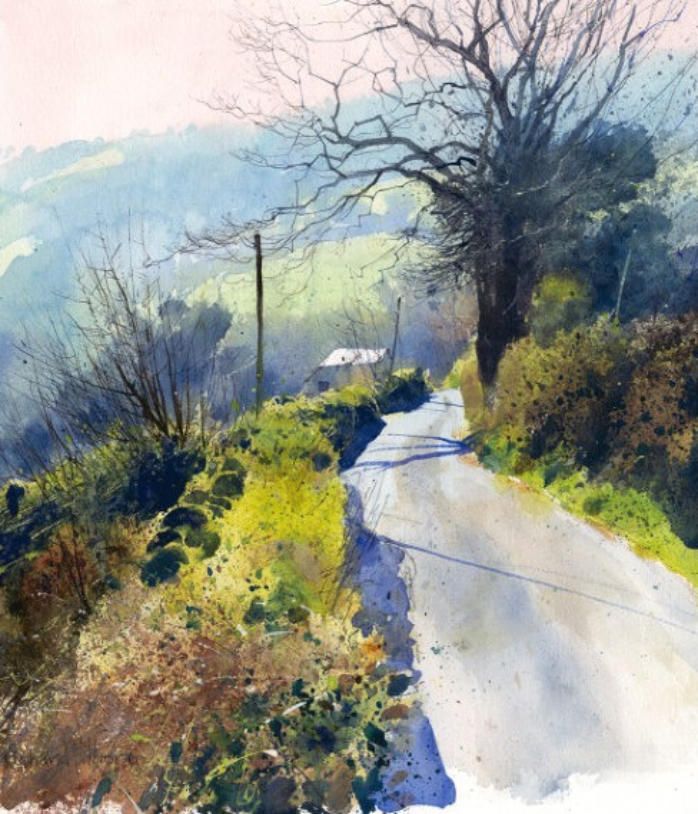 a watercolor painting of a country road